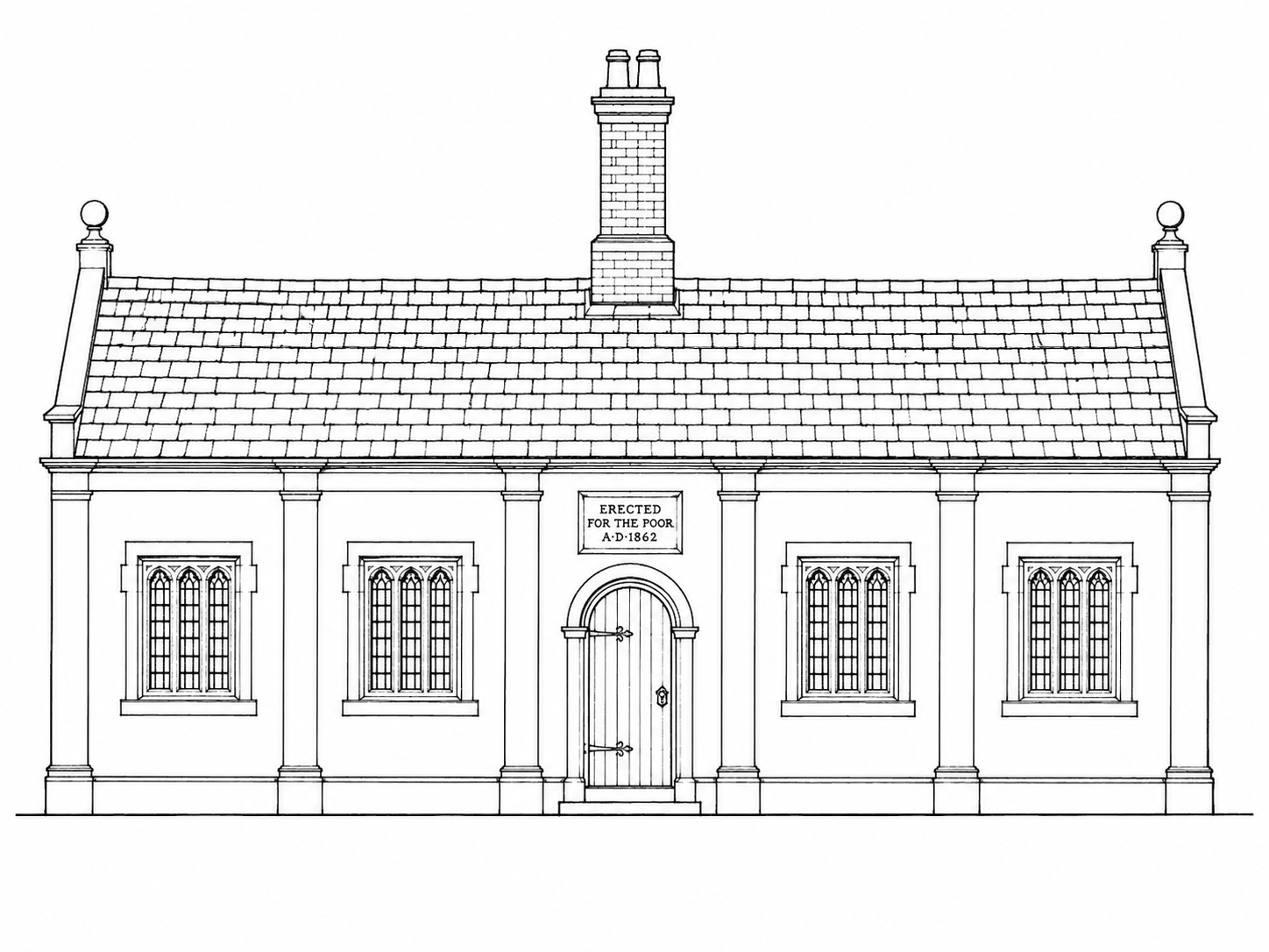 Line drawing of an English almshouse