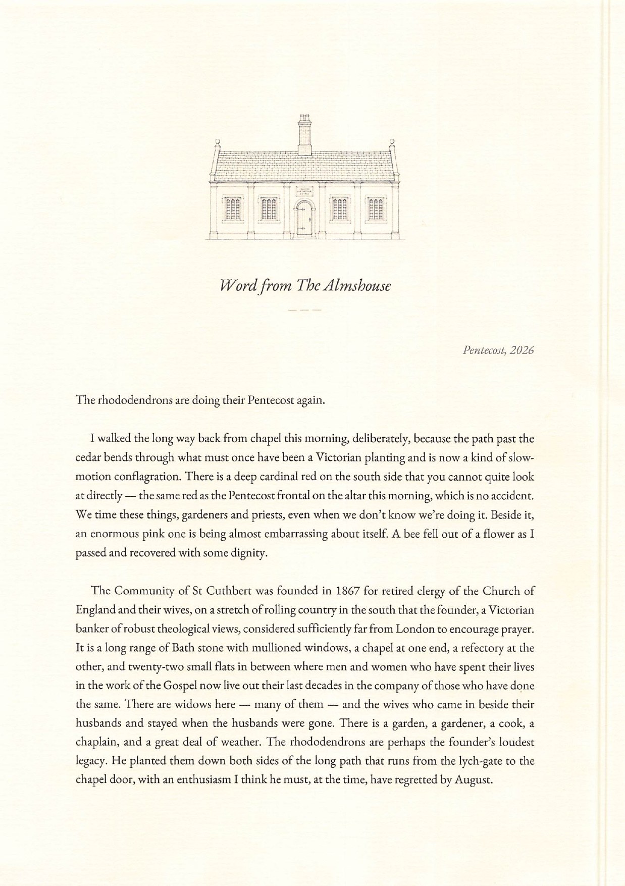 Page 1 of the Pentecost dispatch, showing the almshouse drawing at the top, the masthead, and the opening paragraphs about the rhododendrons in flower and the Community of St Cuthbert.