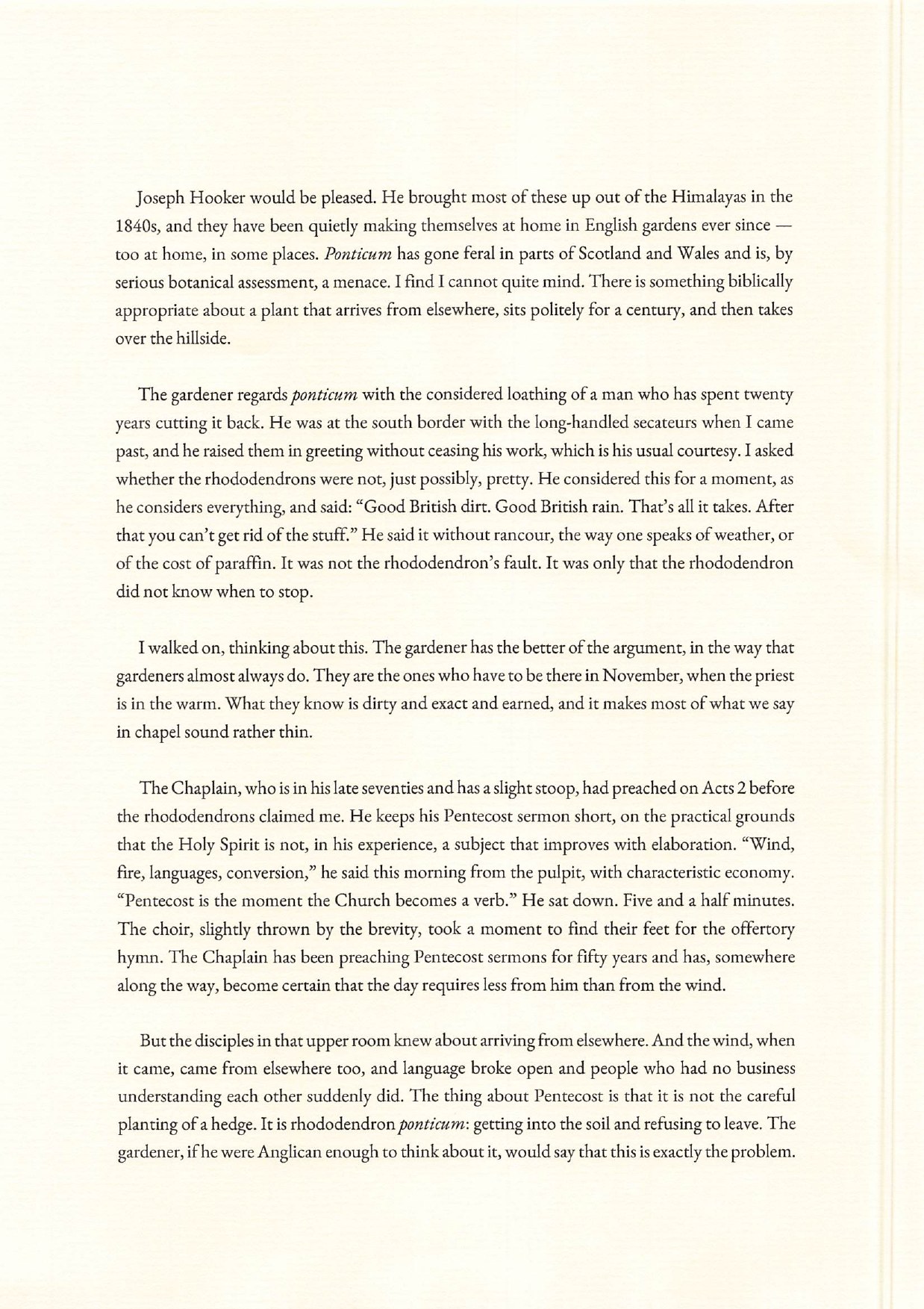Page 2 of the Pentecost dispatch, continuing with the gardener's view of ponticum, the Chaplain's short Pentecost sermon, and the disciples in the upper room.