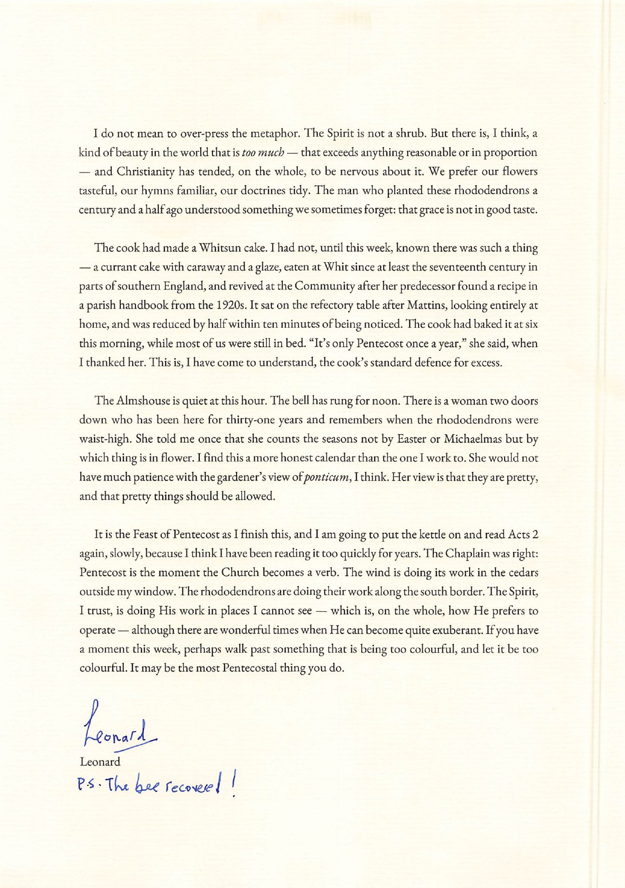 Page 3 of the Pentecost dispatch, concluding with the cook's Whitsun cake, the woman two doors down, and Leonard's handwritten signature and postscript.
